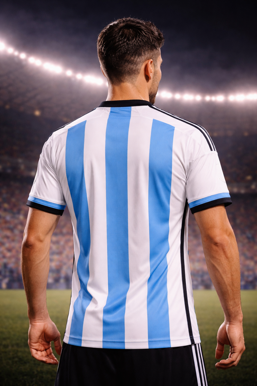 Person wearing a white and blue striped sports jersey on a stadium background