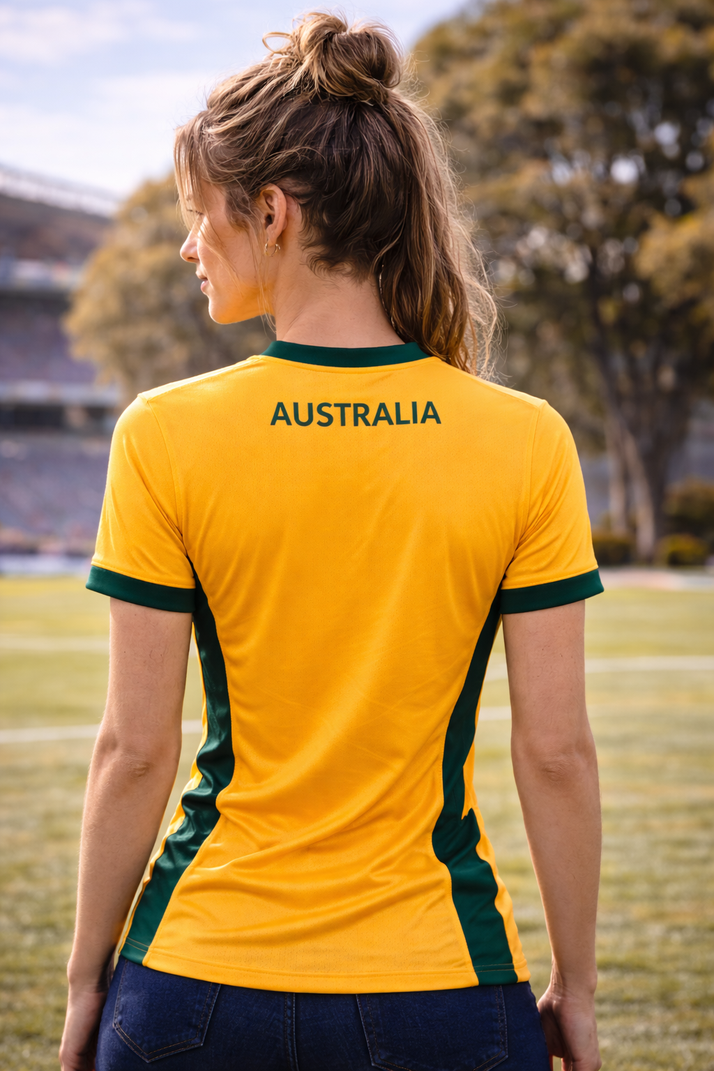 Australia-Inspired Football Jersey – Green Gold Fan Edition Woman Back