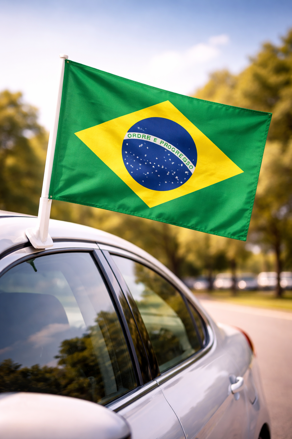 Brazil-Inspired Car Flag – Yellow, Green & Blue Fan Edition On Car