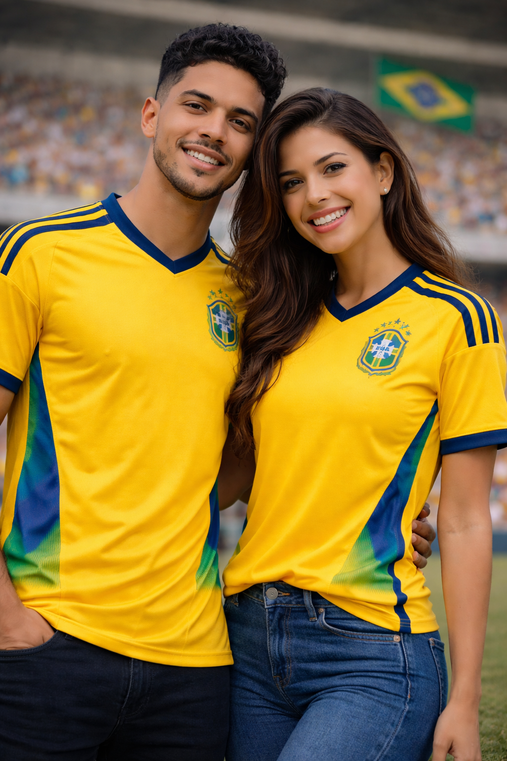 Brazil-Inspired Yellow & Green Football Jersey – Fan Edition Side Woman Couple