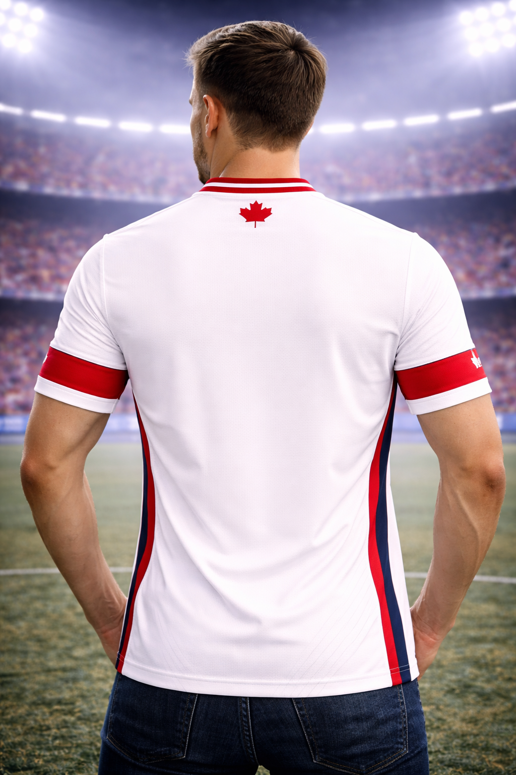 Person wearing a white sports jersey with red and blue accents and a maple leaf emblem, standing on a sports field.