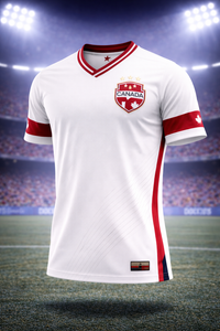 White soccer jersey with red accents on a stadium background