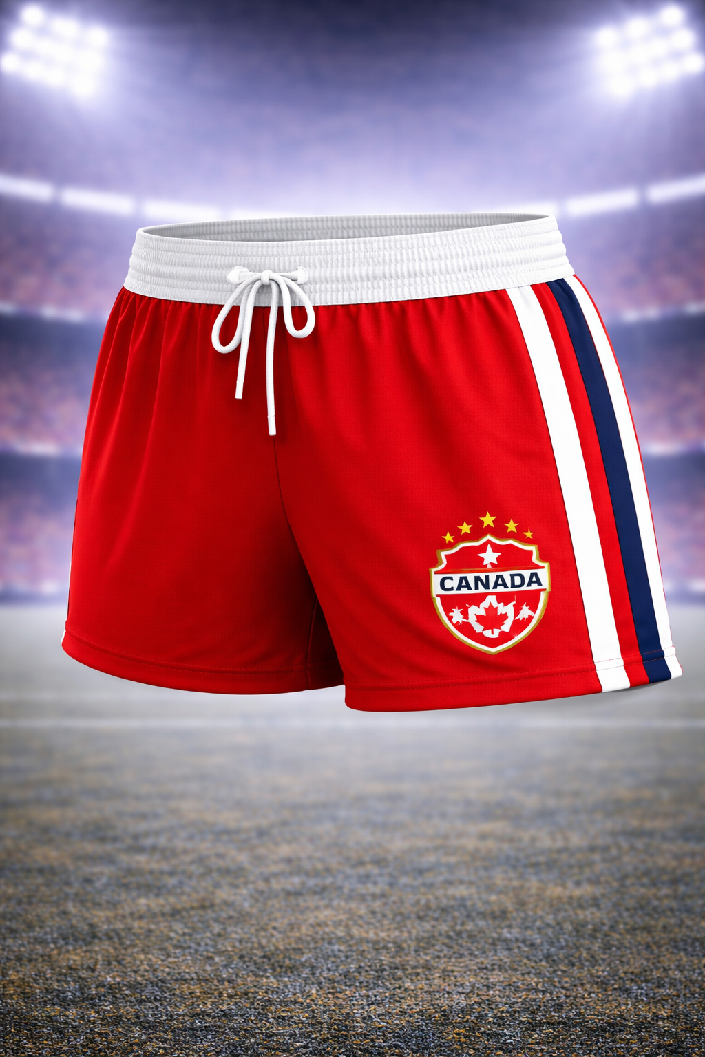 Red shorts with a Canada logo on a sports field background