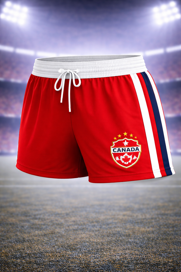 Red shorts with a Canada logo on a sports field background
