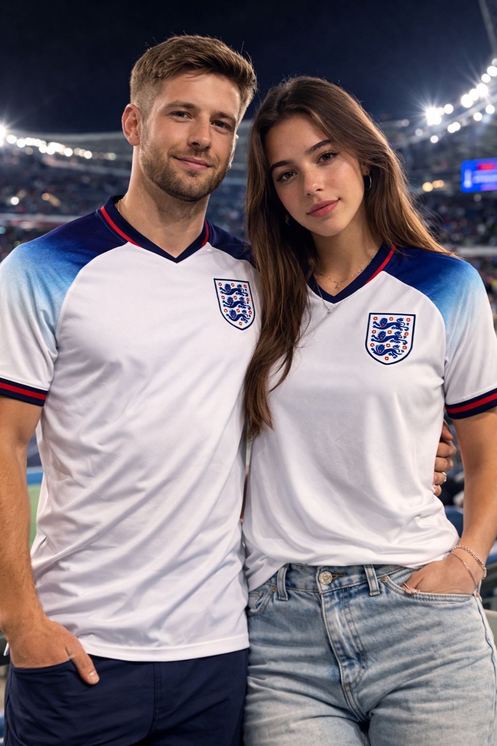 England-Inspired White & Blue Football Jersey – Fan Edition Couple