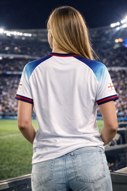 England-Inspired White & Blue Football Jersey – Fan Edition Woman Back