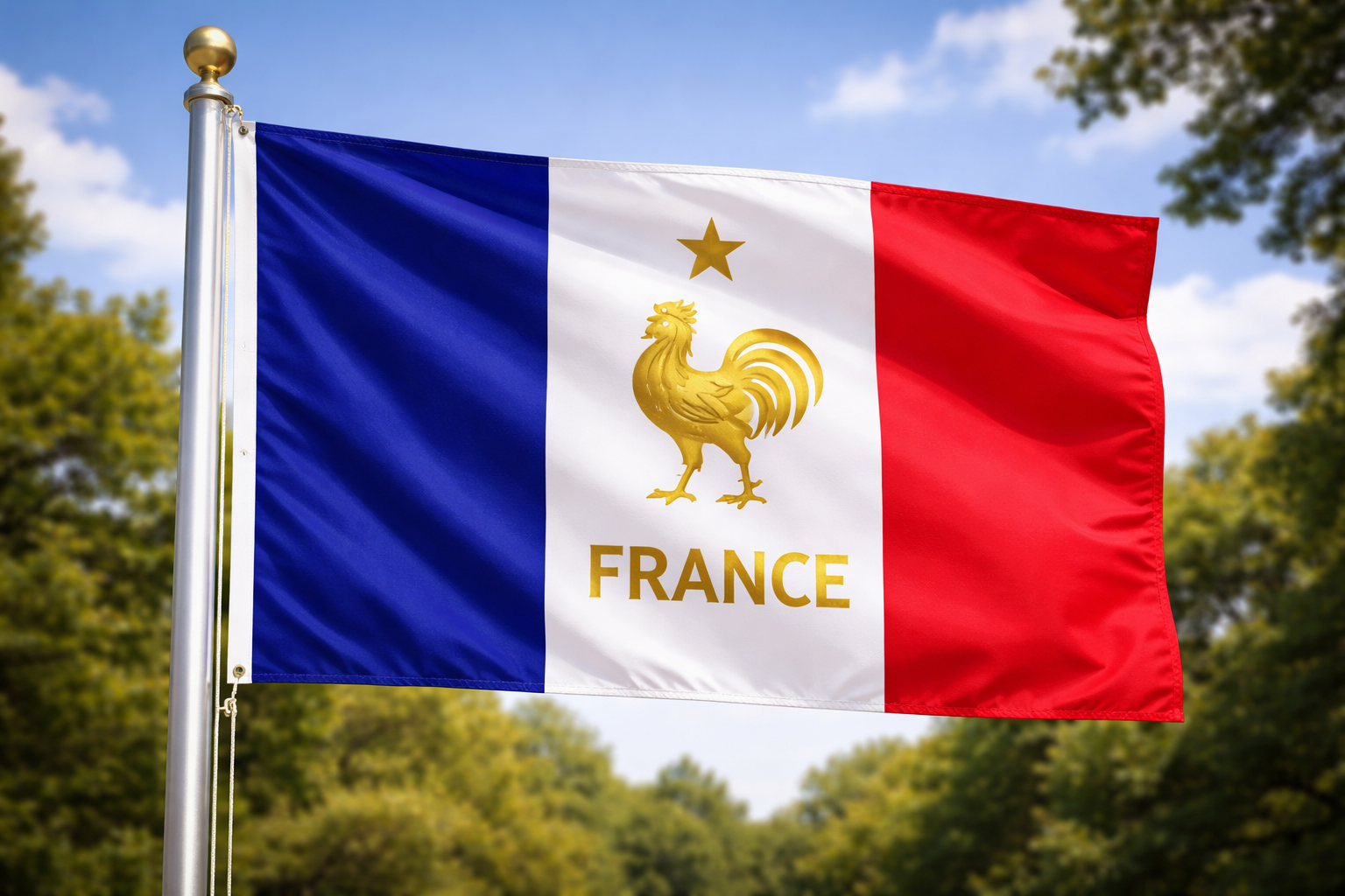 French flag with rooster emblem and 'France' text against a blue sky with trees.