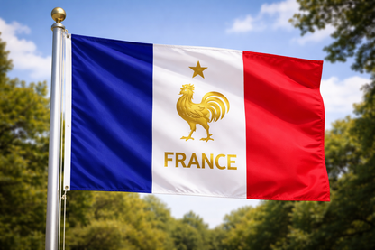 French flag with rooster emblem and 'France' text against a blue sky with trees.