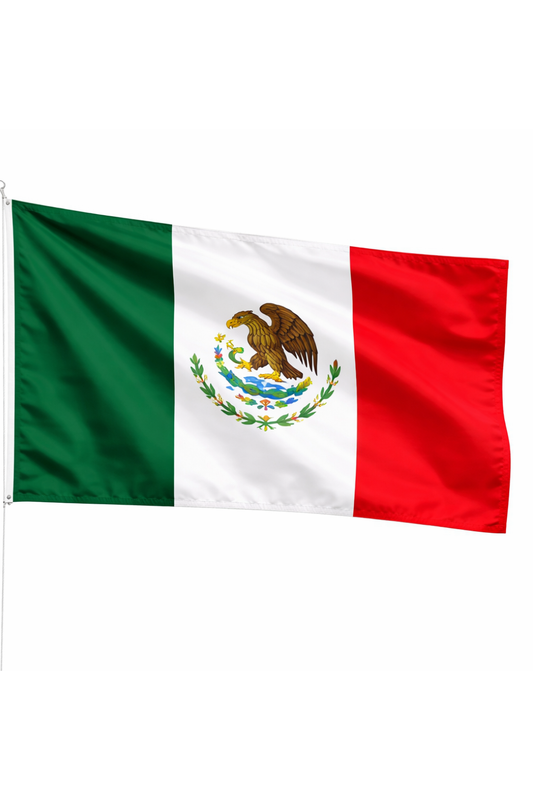 Flag of Mexico with green, white, and red colors on a white background