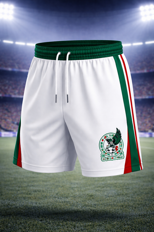 Mexico-Inspired Men’s Football Shorts – White, Green & Red Fan Edition