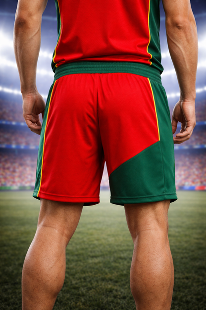 Portugal-Inspired Men’s Football Shorts – Red & Green Fan Edition Back