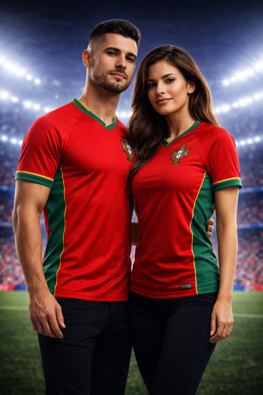 Portugal-Inspired Red & Green Football Jersey – Fan Edition Couple