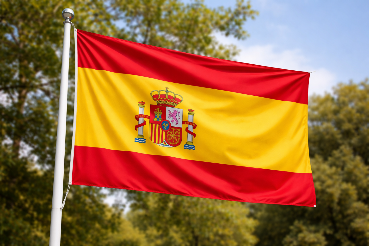 Spanish flag with coat of arms against a natural background