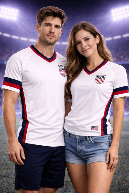 USA-Inspired White Football Jersey – Red & Blue Fan Edition Couple