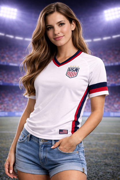 USA-Inspired White Football Jersey – Red & Blue Fan Edition Woman