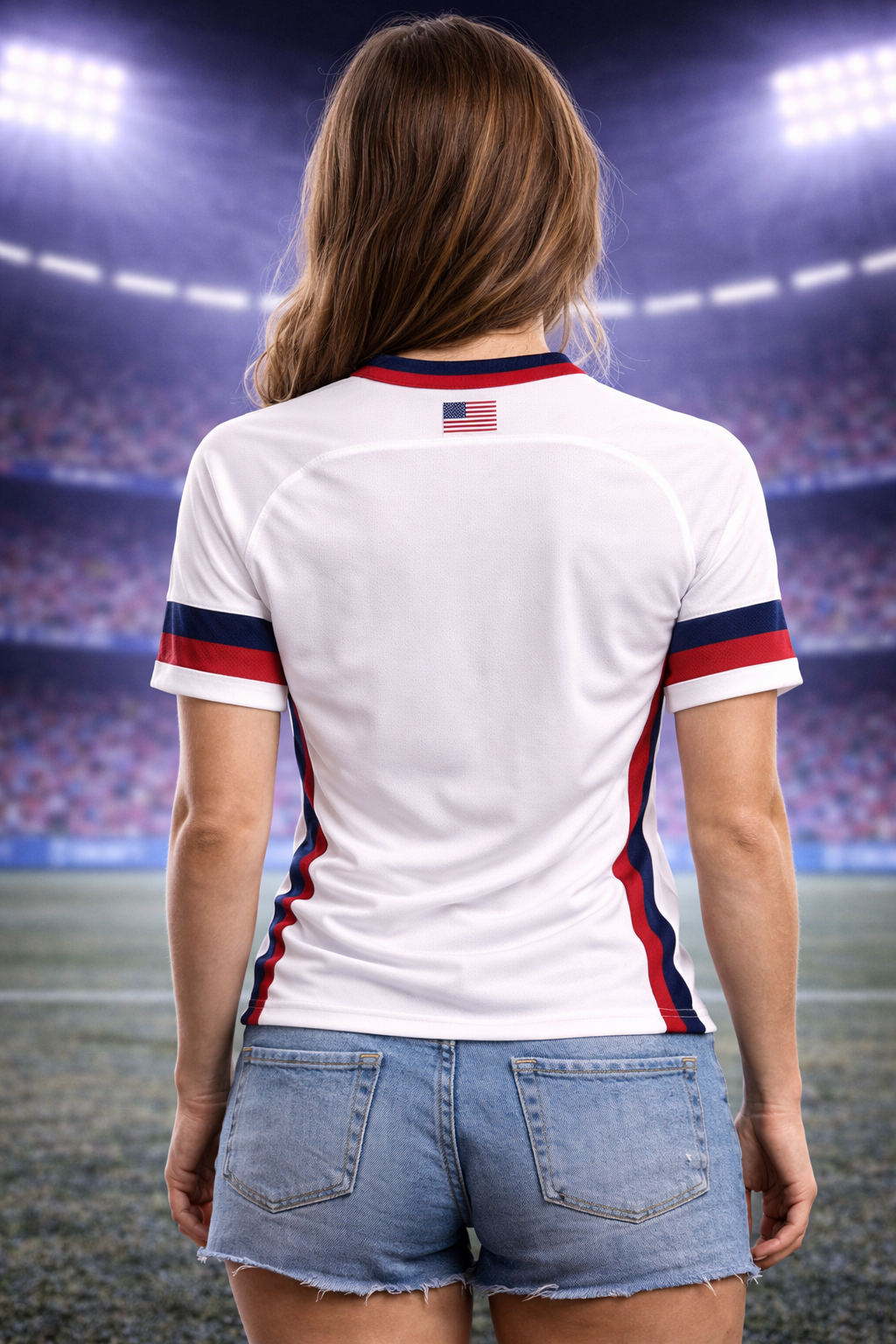 USA-Inspired White Football Jersey – Red & Blue Fan Edition Woman Back