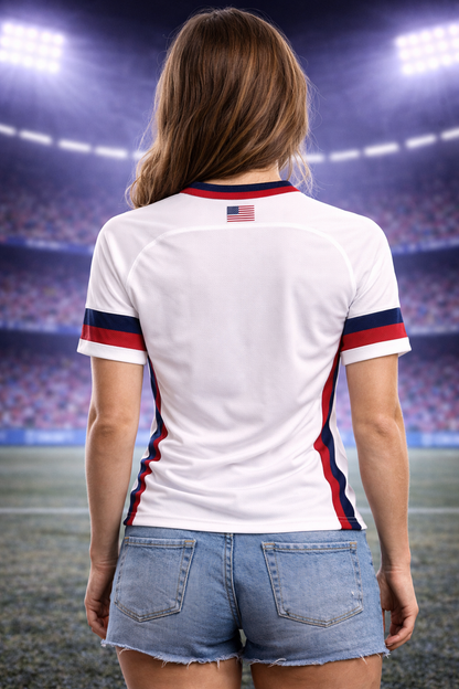 USA-Inspired White Football Jersey – Red & Blue Fan Edition Woman Back